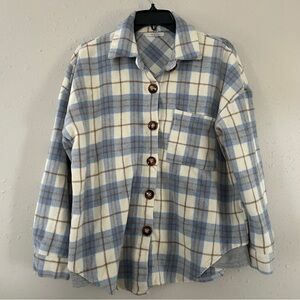 Veveret Blue Cream Plaid Shacket Flannel Jacket Fall Spring Comfy Casual Large